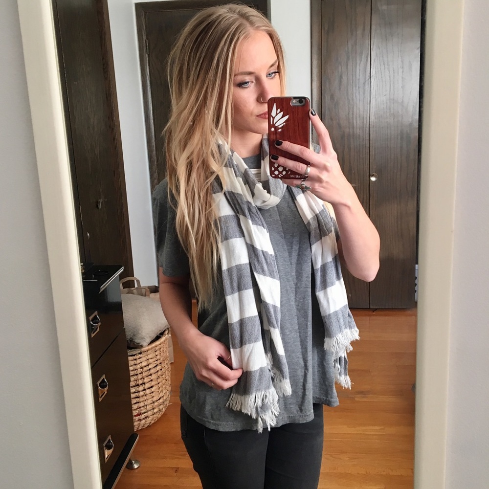 Grey + White Striped Scarf
